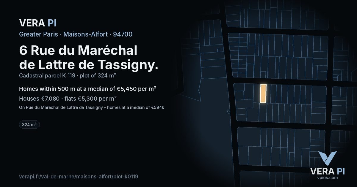 6 Rue du Maréchal de Lattre de Tassigny, Maisons-Alfort at night – the plot lit, the parcels around coloured by the prices near them