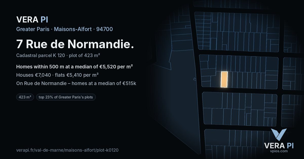 7 Rue de Normandie, Maisons-Alfort at night – the plot lit, the parcels around coloured by the prices near them