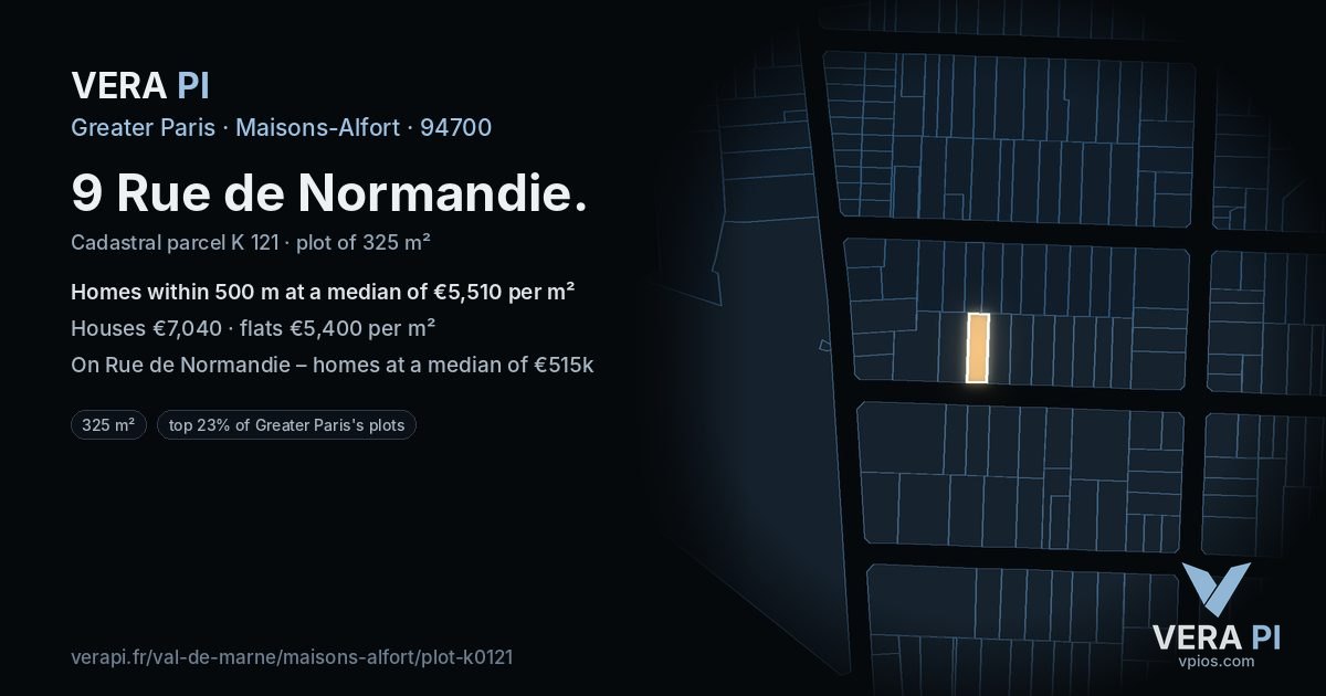 9 Rue de Normandie, Maisons-Alfort at night – the plot lit, the parcels around coloured by the prices near them