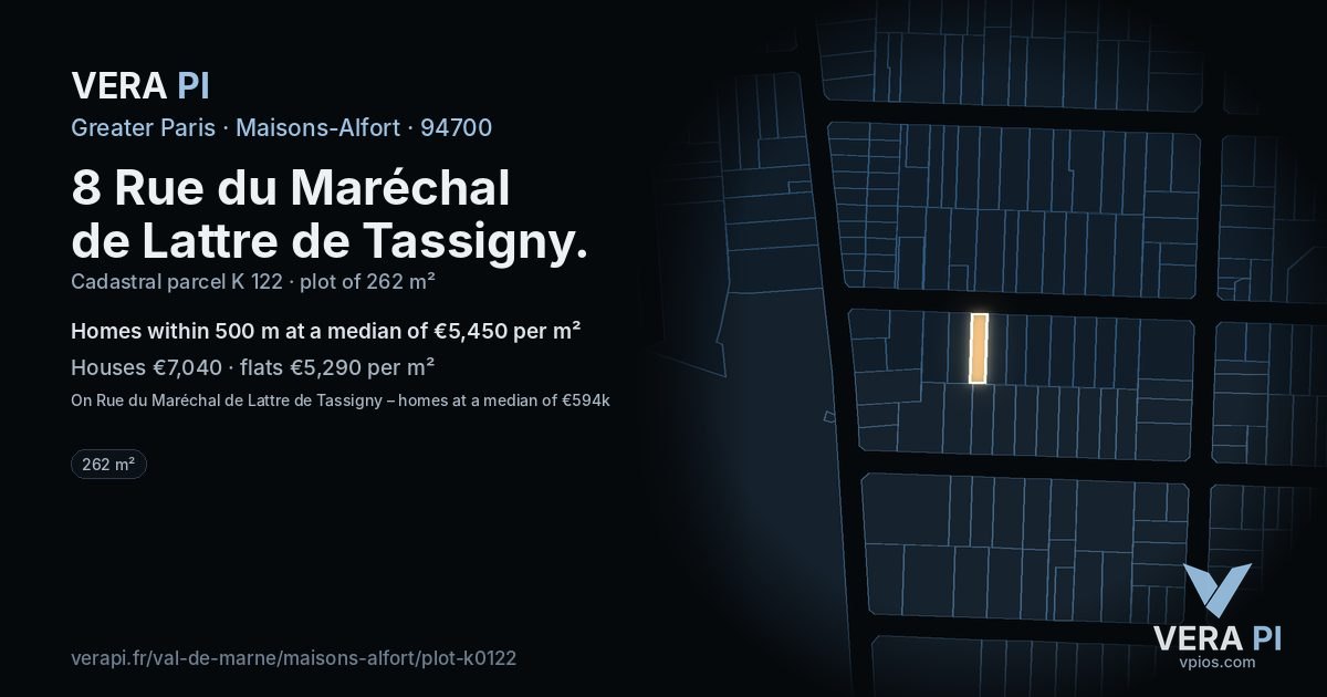 8 Rue du Maréchal de Lattre de Tassigny, Maisons-Alfort at night – the plot lit, the parcels around coloured by the prices near them
