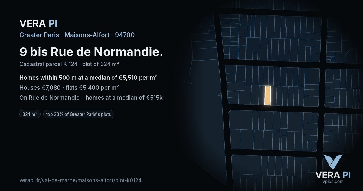 9 bis Rue de Normandie, Maisons-Alfort at night – the plot lit, the parcels around coloured by the prices near them