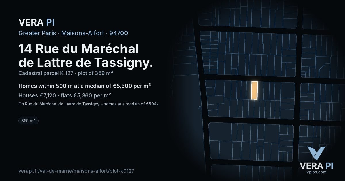 14 Rue du Maréchal de Lattre de Tassigny, Maisons-Alfort at night – the plot lit, the parcels around coloured by the prices near them