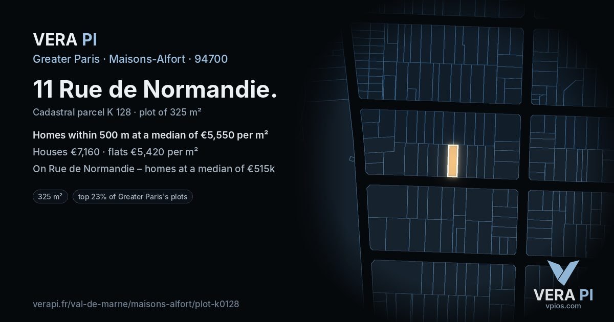 11 Rue de Normandie, Maisons-Alfort at night – the plot lit, the parcels around coloured by the prices near them