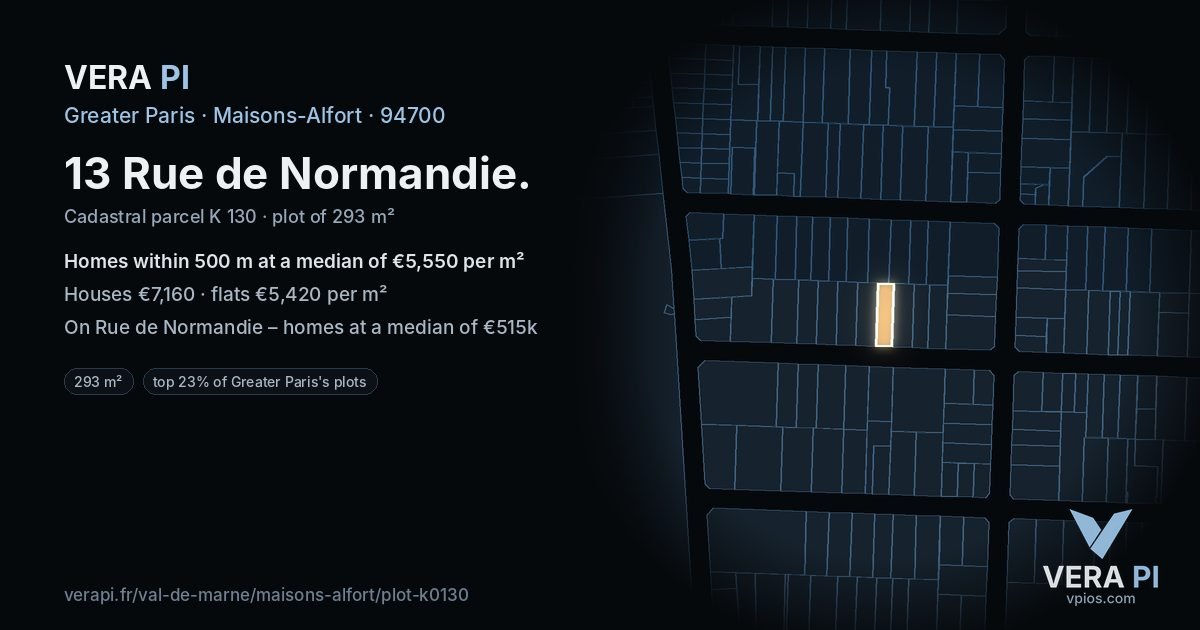 13 Rue de Normandie, Maisons-Alfort at night – the plot lit, the parcels around coloured by the prices near them