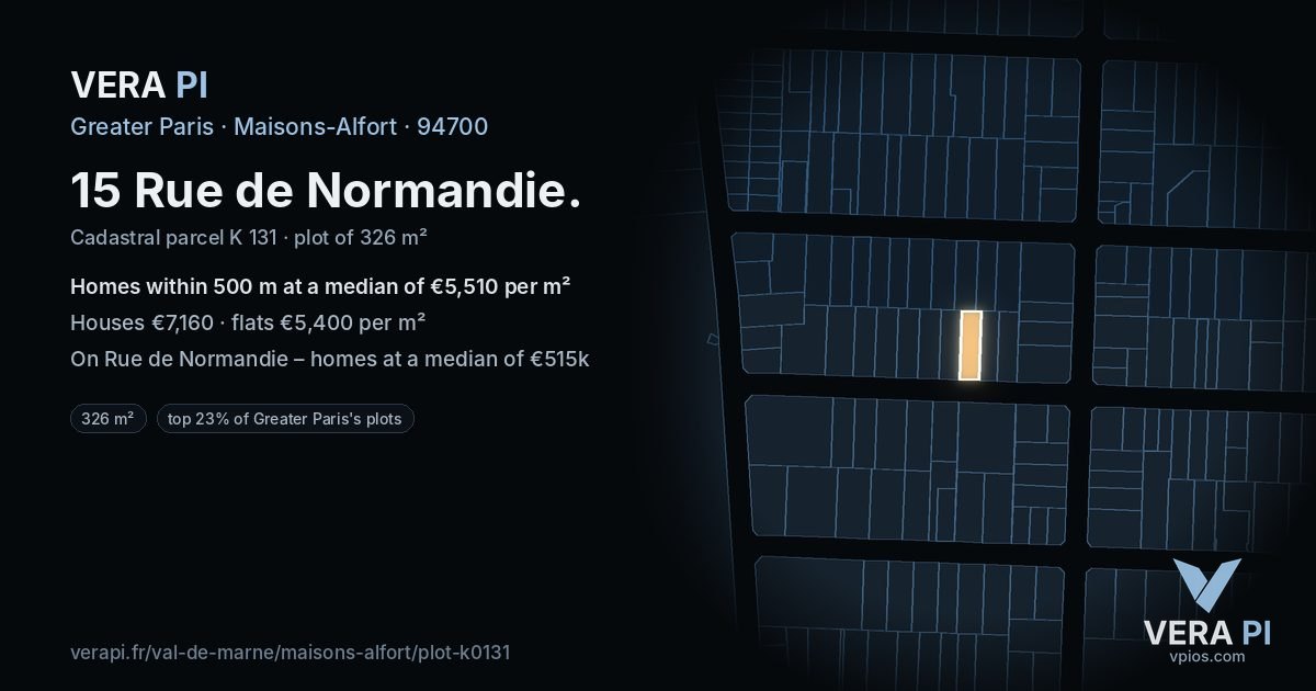 15 Rue de Normandie, Maisons-Alfort at night – the plot lit, the parcels around coloured by the prices near them