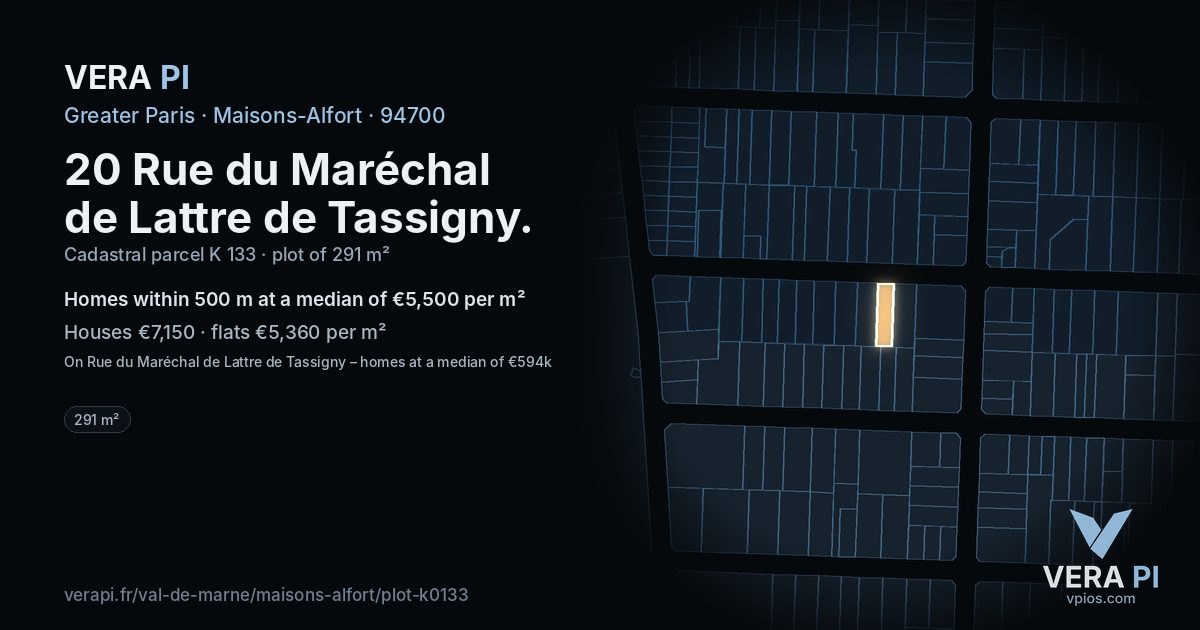 20 Rue du Maréchal de Lattre de Tassigny, Maisons-Alfort at night – the plot lit, the parcels around coloured by the prices near them