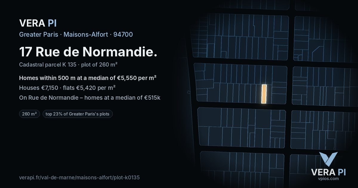 17 Rue de Normandie, Maisons-Alfort at night – the plot lit, the parcels around coloured by the prices near them