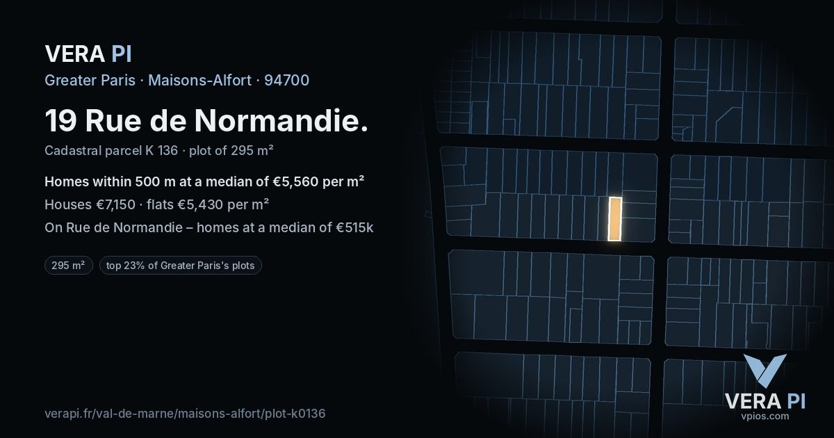 19 Rue de Normandie, Maisons-Alfort at night – the plot lit, the parcels around coloured by the prices near them