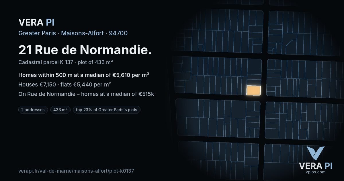 21 Rue de Normandie, Maisons-Alfort at night – the plot lit, the parcels around coloured by the prices near them