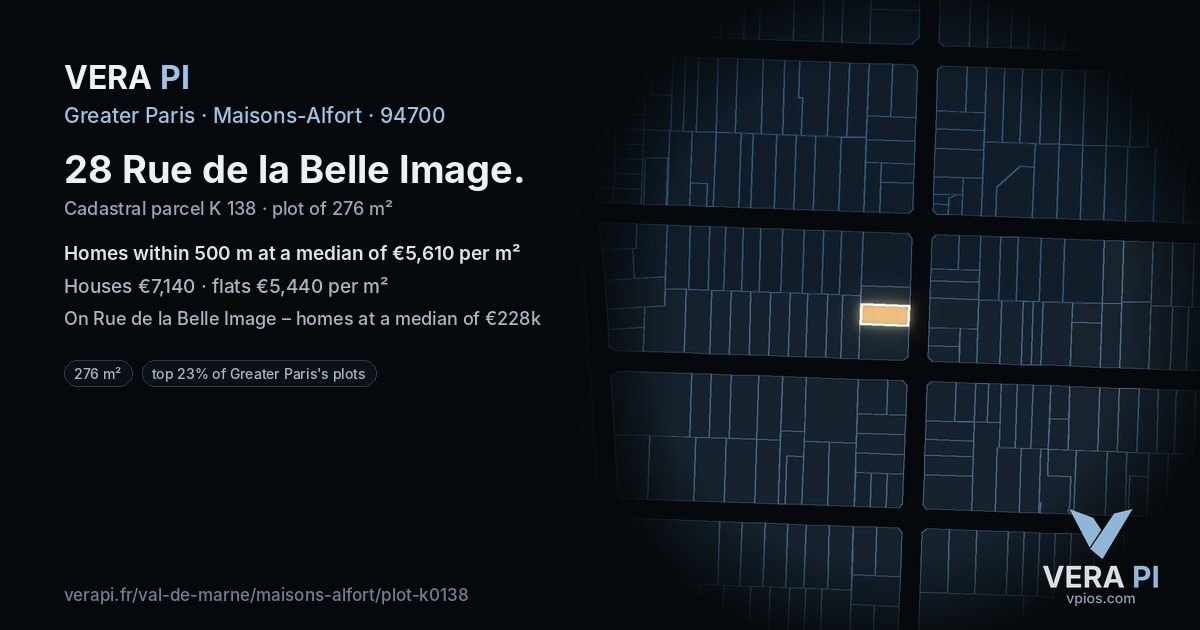 28 Rue de la Belle Image, Maisons-Alfort at night – the plot lit, the parcels around coloured by the prices near them