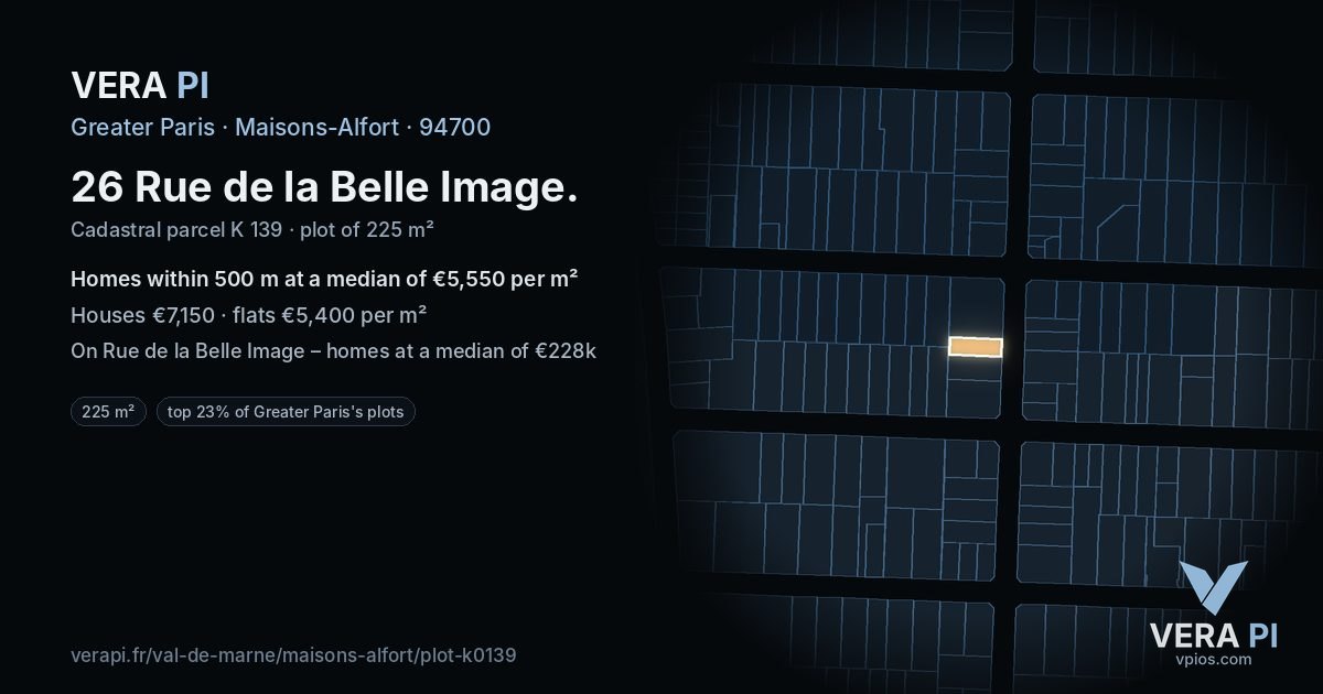 26 Rue de la Belle Image, Maisons-Alfort at night – the plot lit, the parcels around coloured by the prices near them