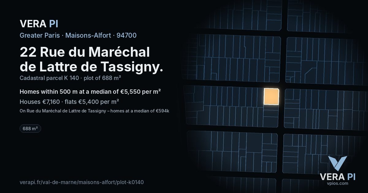 22 Rue du Maréchal de Lattre de Tassigny, Maisons-Alfort at night – the plot lit, the parcels around coloured by the prices near them
