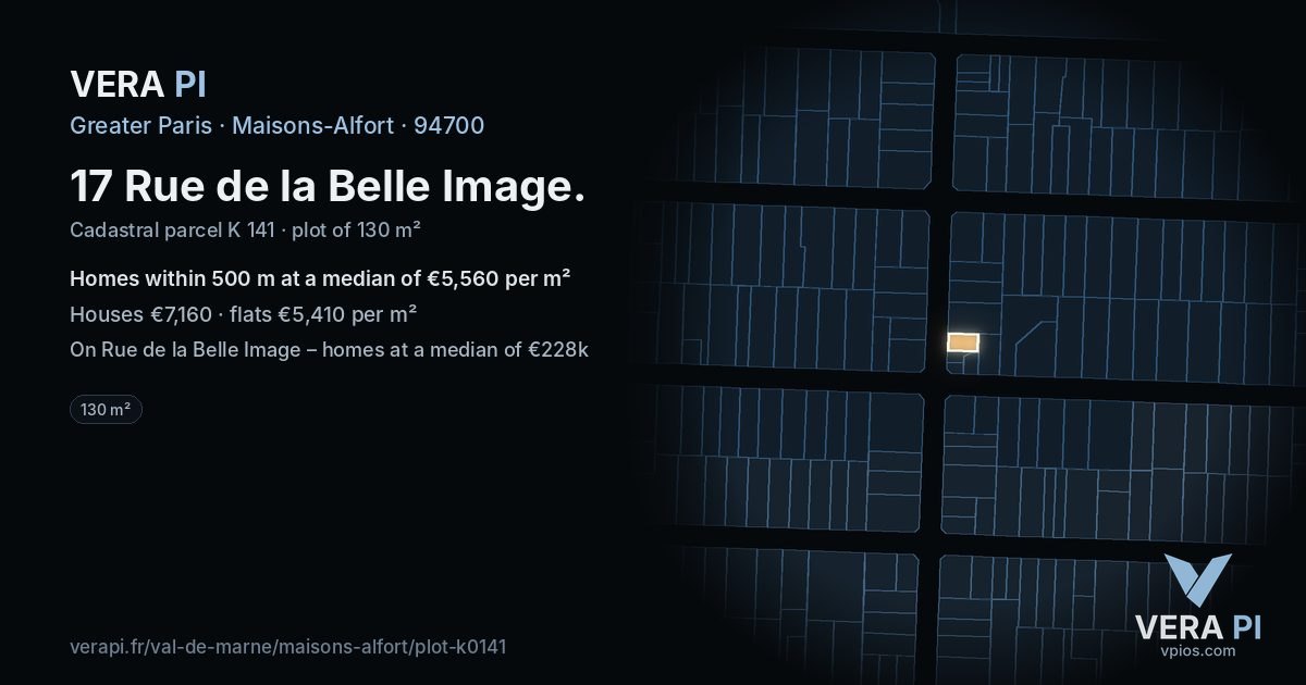 17 Rue de la Belle Image, Maisons-Alfort at night – the plot lit, the parcels around coloured by the prices near them