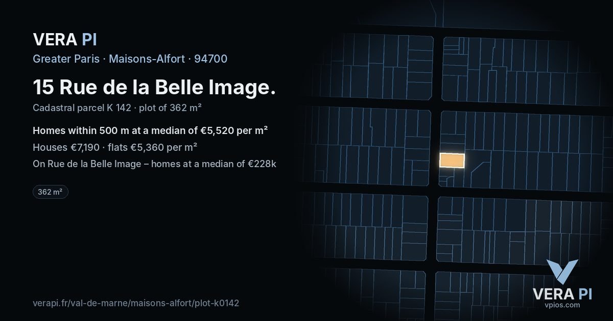 15 Rue de la Belle Image, Maisons-Alfort at night – the plot lit, the parcels around coloured by the prices near them