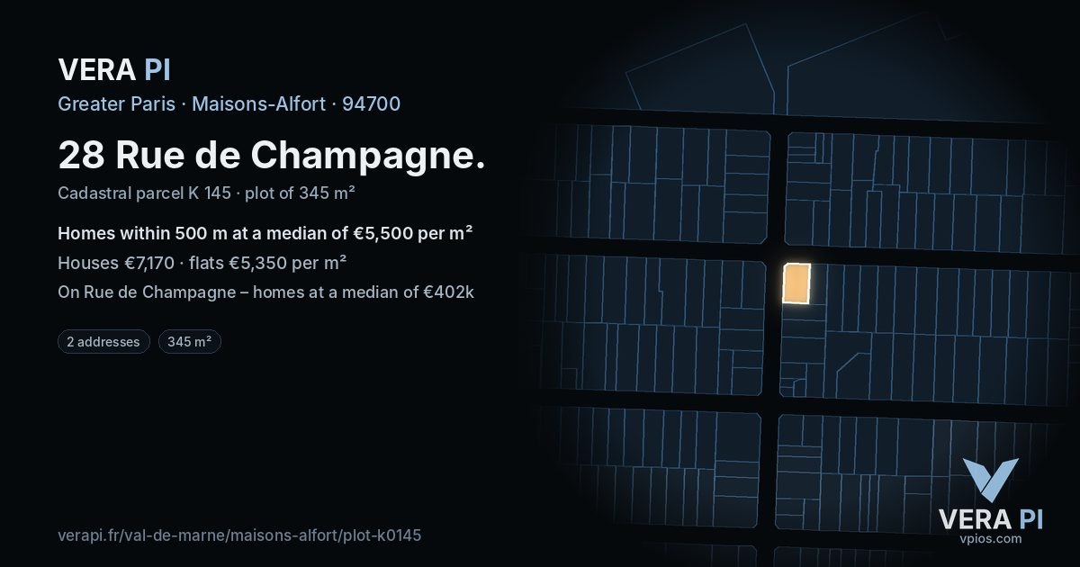 28 Rue de Champagne, Maisons-Alfort at night – the plot lit, the parcels around coloured by the prices near them