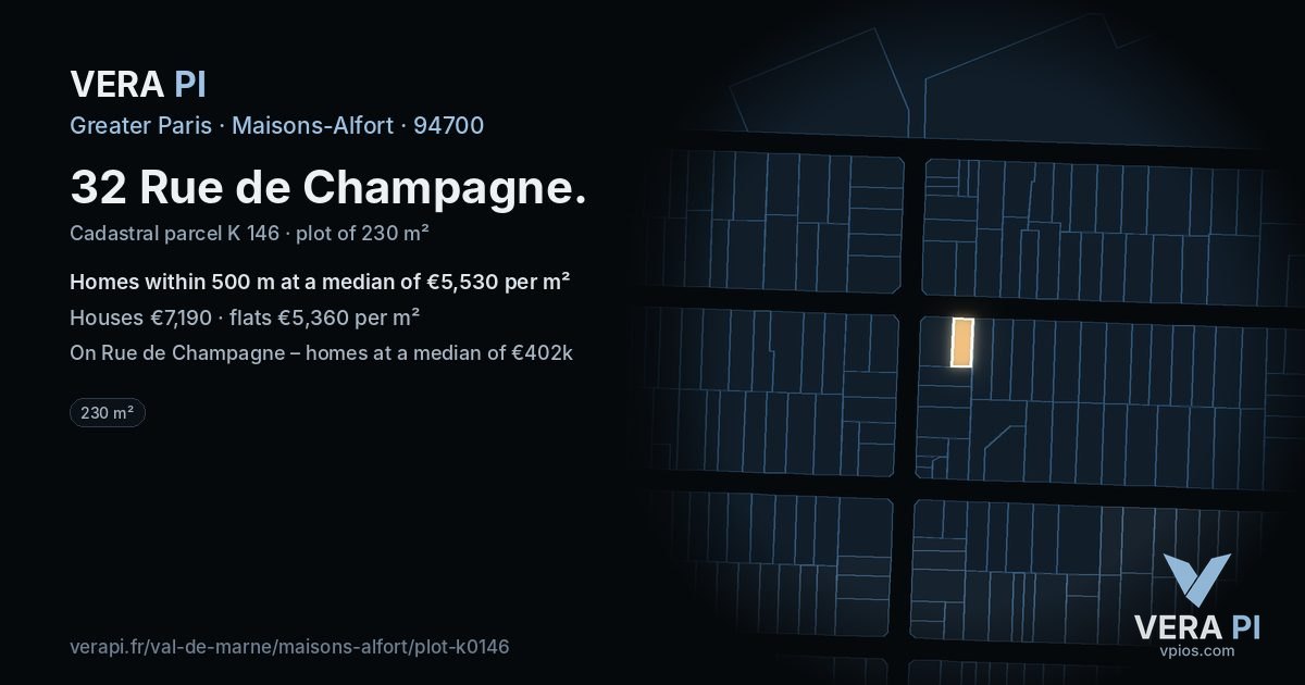 32 Rue de Champagne, Maisons-Alfort at night – the plot lit, the parcels around coloured by the prices near them