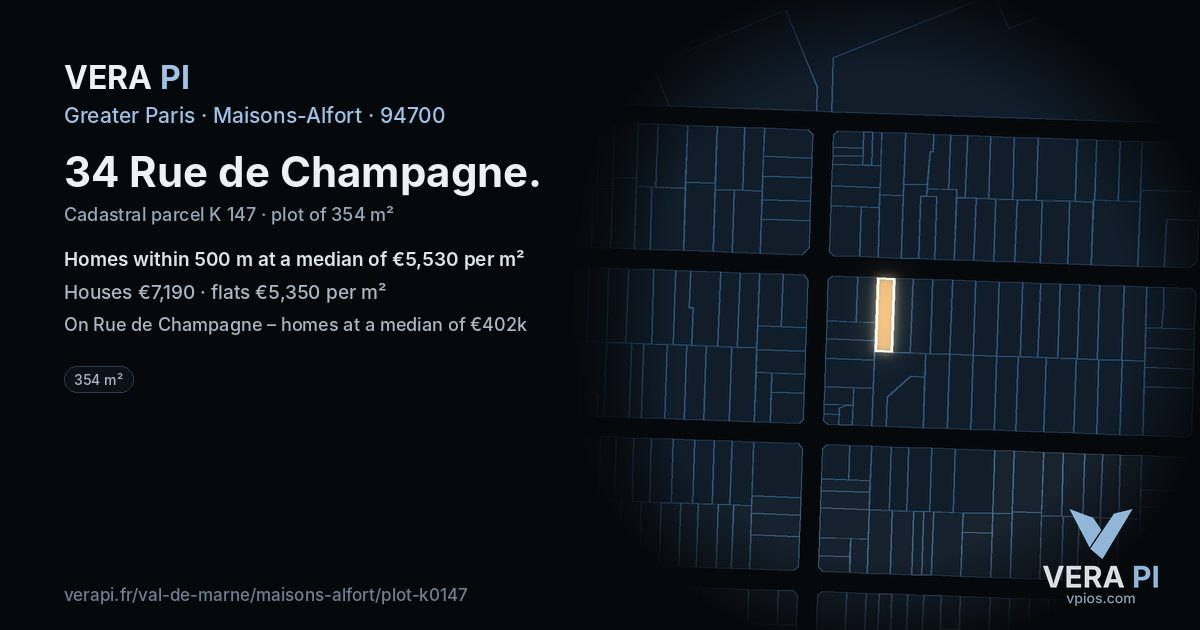 34 Rue de Champagne, Maisons-Alfort at night – the plot lit, the parcels around coloured by the prices near them