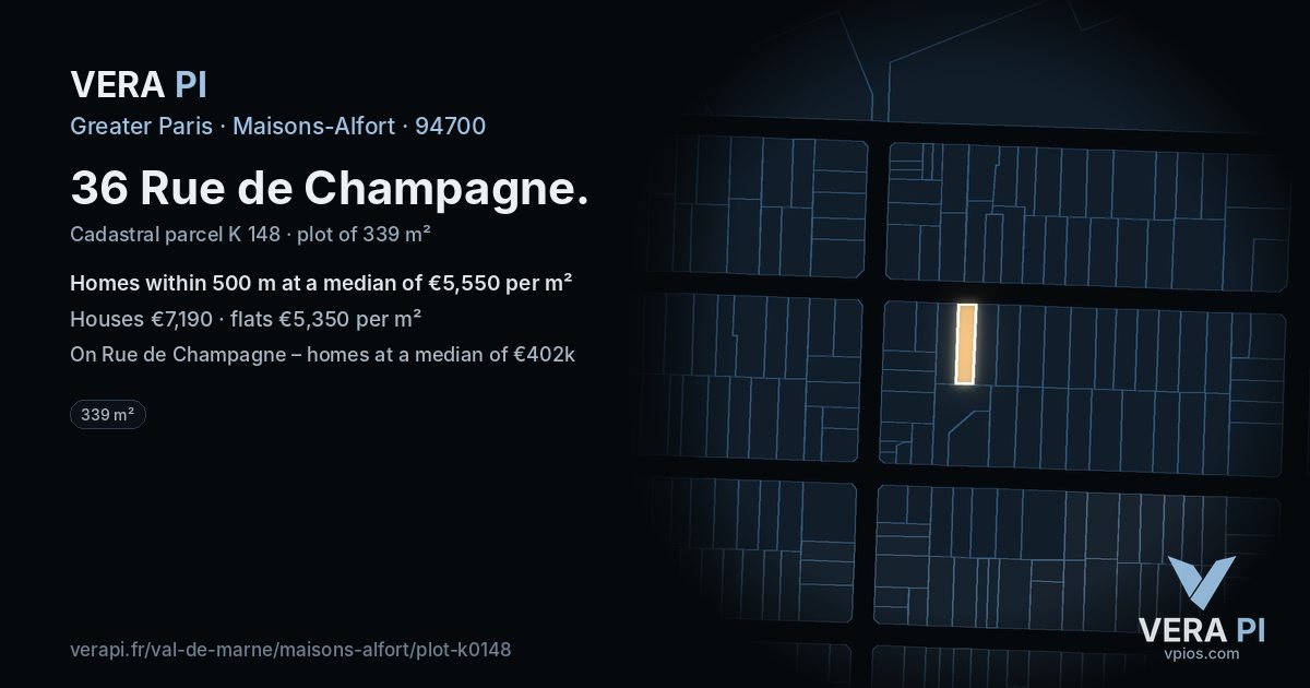 36 Rue de Champagne, Maisons-Alfort at night – the plot lit, the parcels around coloured by the prices near them