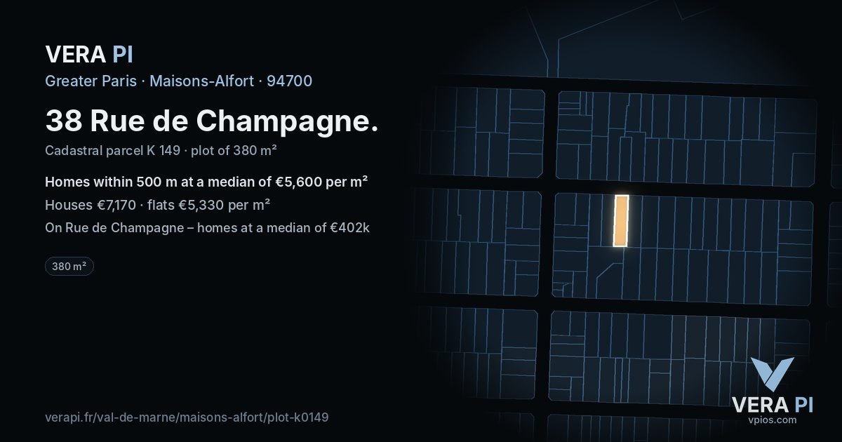 38 Rue de Champagne, Maisons-Alfort at night – the plot lit, the parcels around coloured by the prices near them