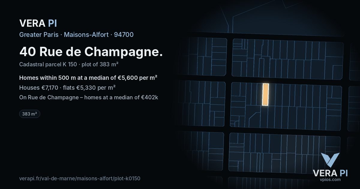 40 Rue de Champagne, Maisons-Alfort at night – the plot lit, the parcels around coloured by the prices near them