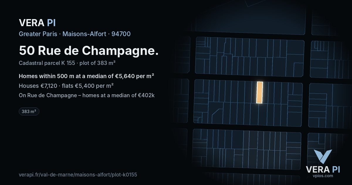 50 Rue de Champagne, Maisons-Alfort at night – the plot lit, the parcels around coloured by the prices near them