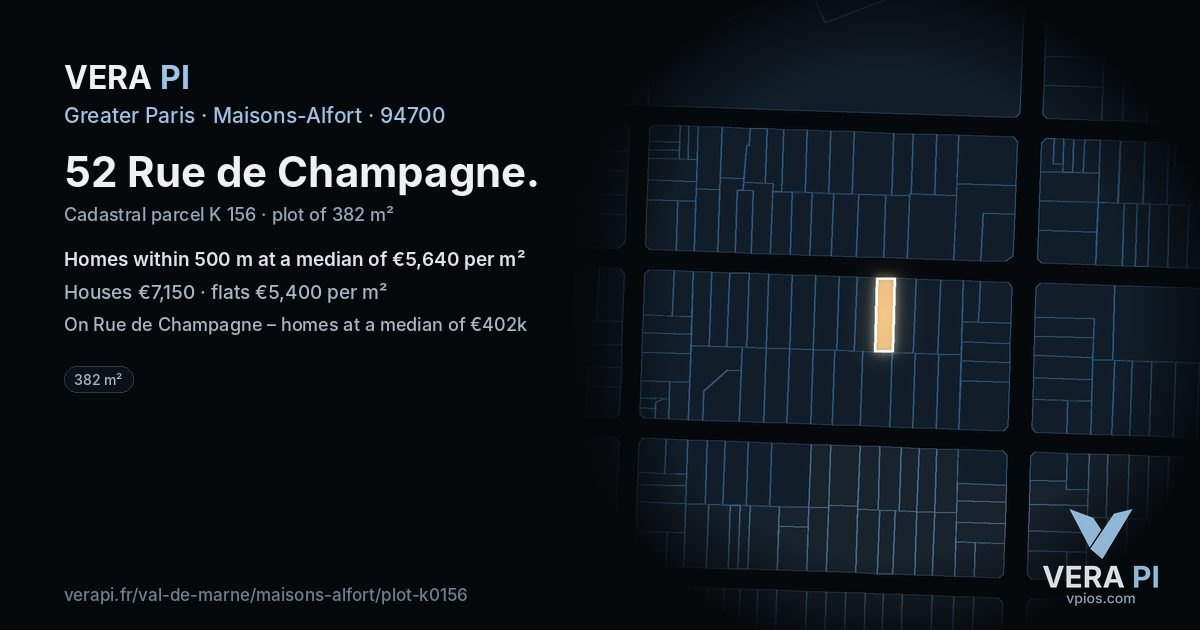 52 Rue de Champagne, Maisons-Alfort at night – the plot lit, the parcels around coloured by the prices near them