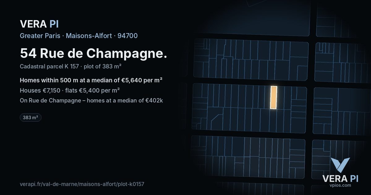 54 Rue de Champagne, Maisons-Alfort at night – the plot lit, the parcels around coloured by the prices near them