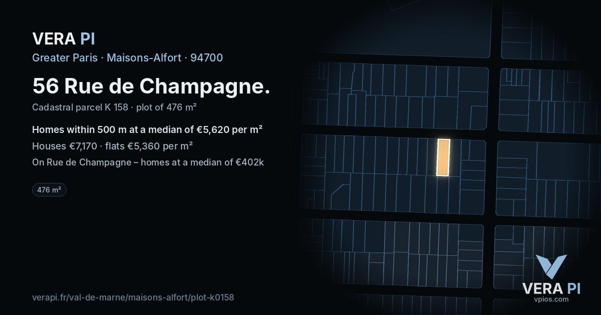 56 Rue de Champagne, Maisons-Alfort at night – the plot lit, the parcels around coloured by the prices near them