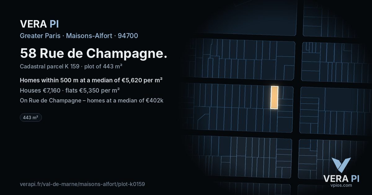 58 Rue de Champagne, Maisons-Alfort at night – the plot lit, the parcels around coloured by the prices near them