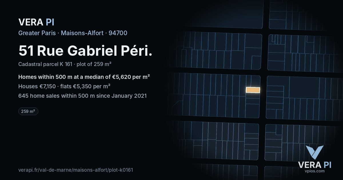 51 Rue Gabriel Péri, Maisons-Alfort at night – the plot lit, the parcels around coloured by the prices near them