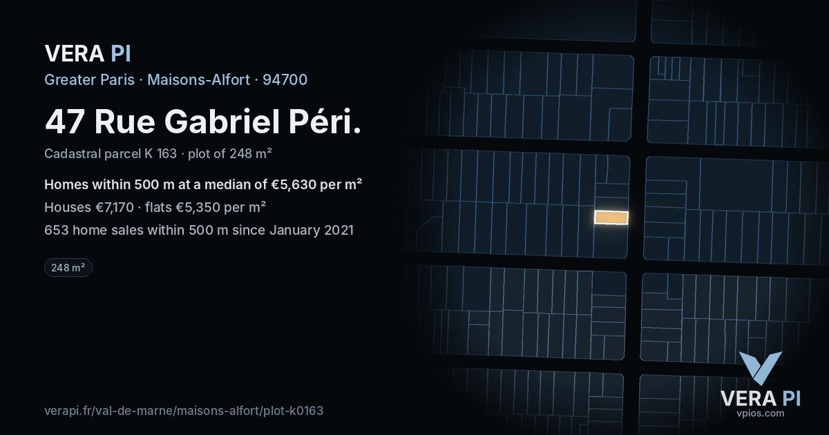47 Rue Gabriel Péri, Maisons-Alfort at night – the plot lit, the parcels around coloured by the prices near them