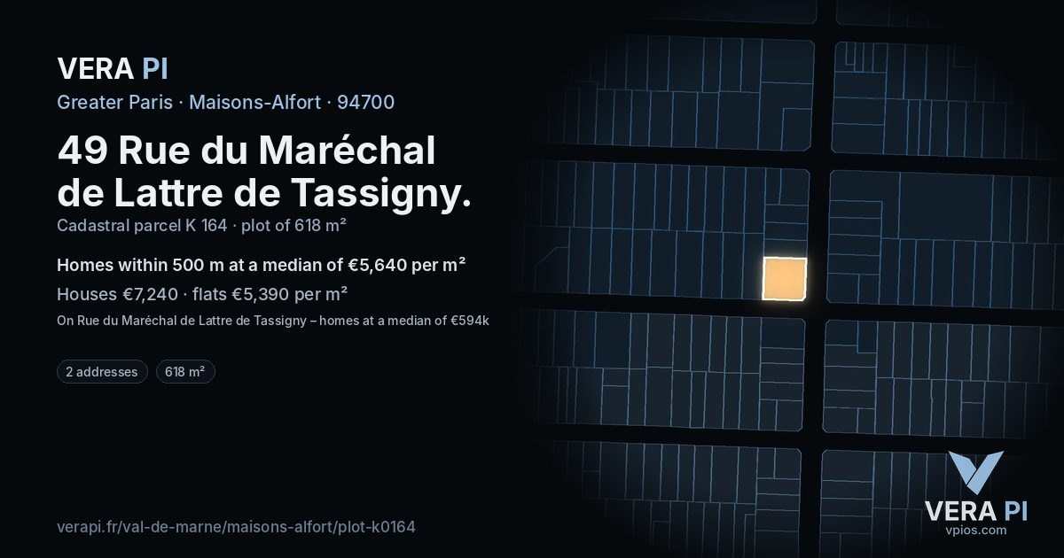 49 Rue du Maréchal de Lattre de Tassigny, Maisons-Alfort at night – the plot lit, the parcels around coloured by the prices near them