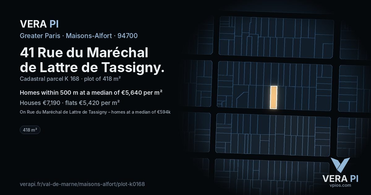 41 Rue du Maréchal de Lattre de Tassigny, Maisons-Alfort at night – the plot lit, the parcels around coloured by the prices near them