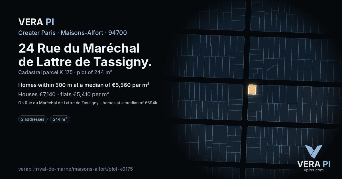 24 Rue du Maréchal de Lattre de Tassigny, Maisons-Alfort at night – the plot lit, the parcels around coloured by the prices near them