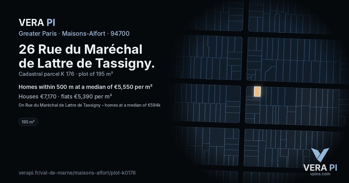 26 Rue du Maréchal de Lattre de Tassigny, Maisons-Alfort at night – the plot lit, the parcels around coloured by the prices near them