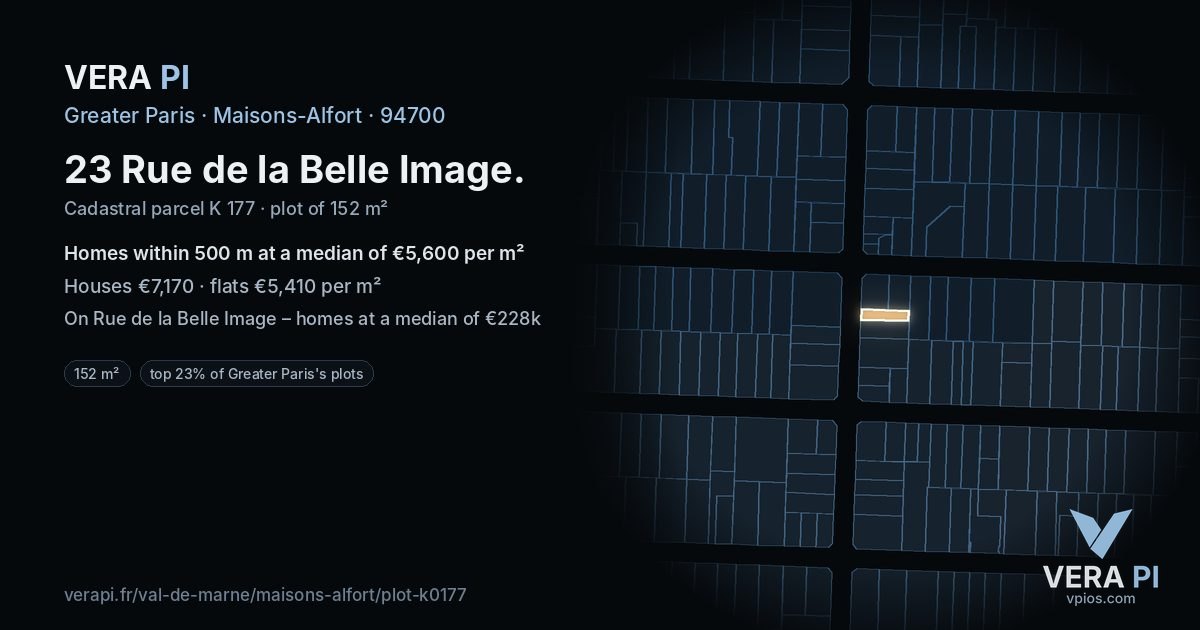 23 Rue de la Belle Image, Maisons-Alfort at night – the plot lit, the parcels around coloured by the prices near them