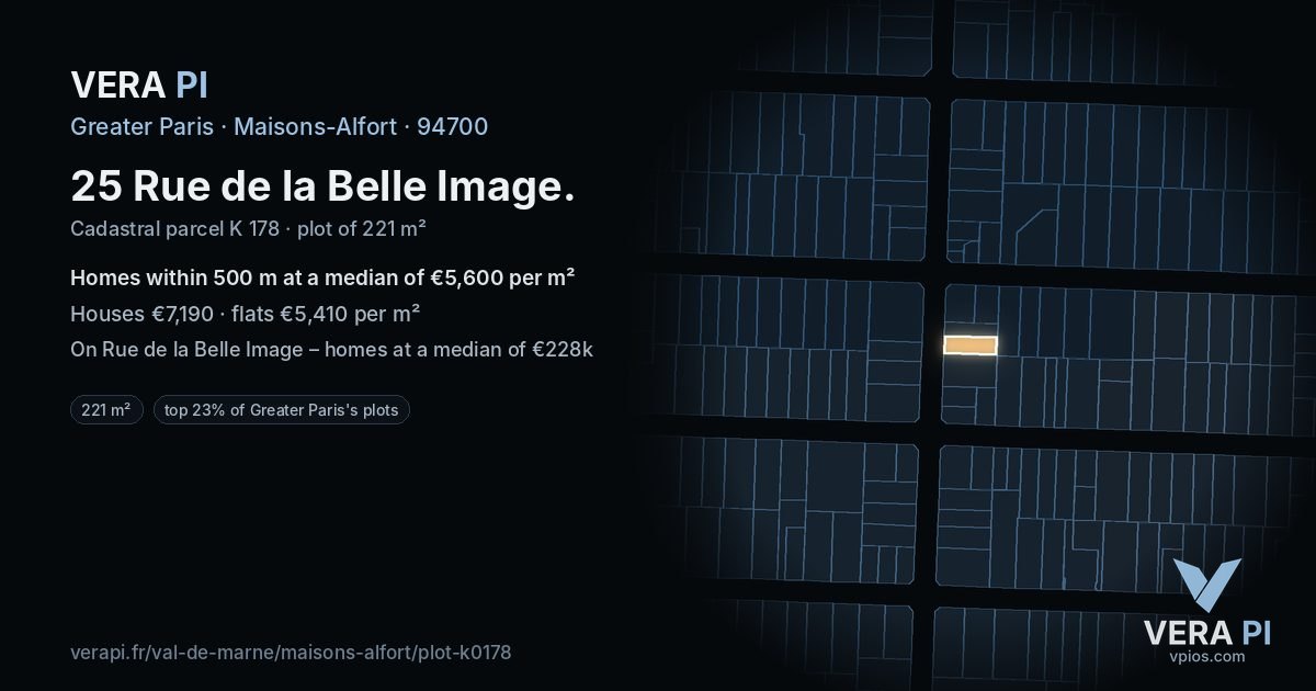 25 Rue de la Belle Image, Maisons-Alfort at night – the plot lit, the parcels around coloured by the prices near them
