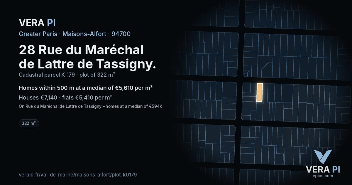 28 Rue du Maréchal de Lattre de Tassigny, Maisons-Alfort at night – the plot lit, the parcels around coloured by the prices near them