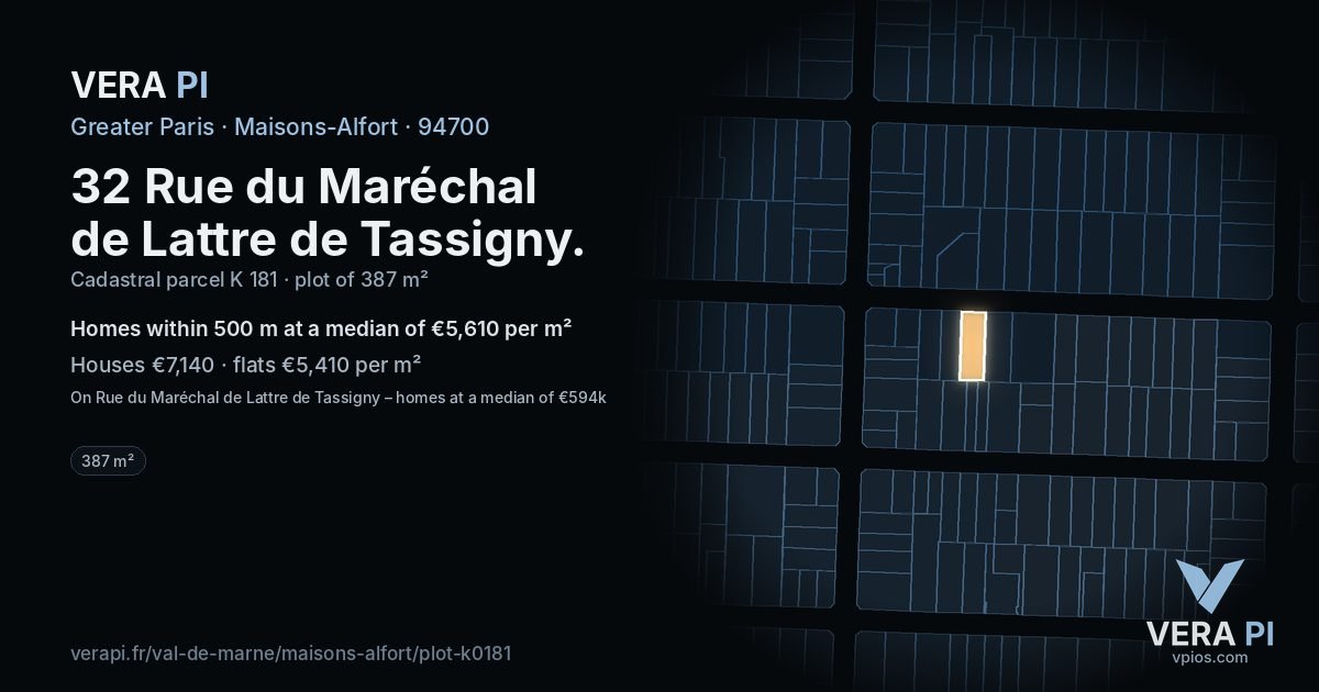32 Rue du Maréchal de Lattre de Tassigny, Maisons-Alfort at night – the plot lit, the parcels around coloured by the prices near them