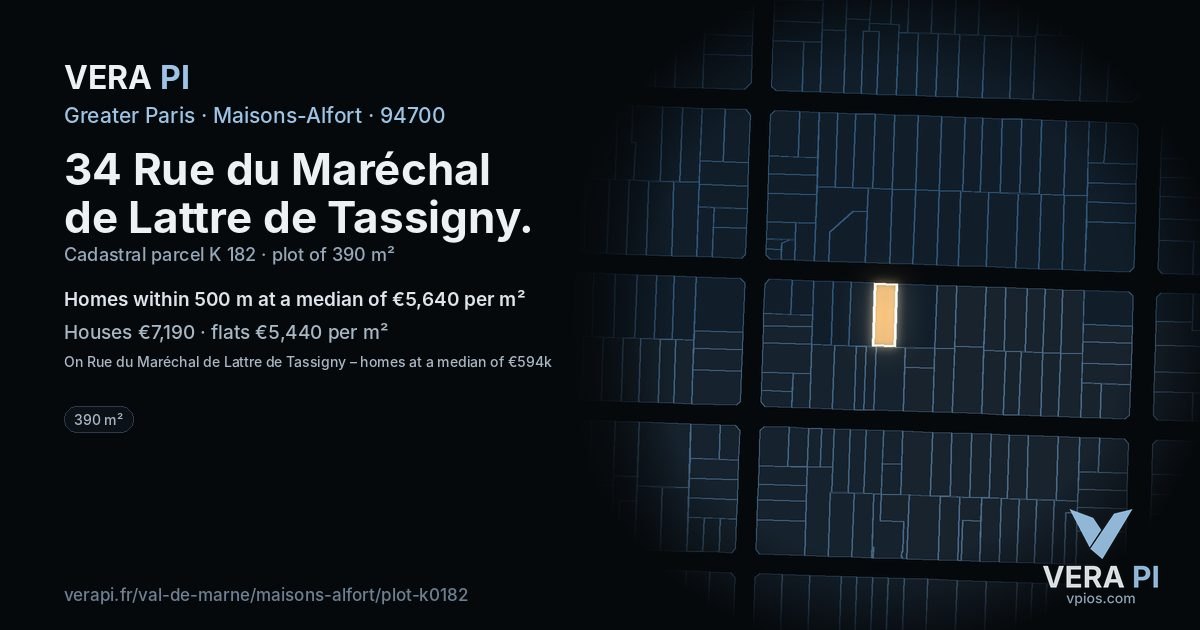 34 Rue du Maréchal de Lattre de Tassigny, Maisons-Alfort at night – the plot lit, the parcels around coloured by the prices near them
