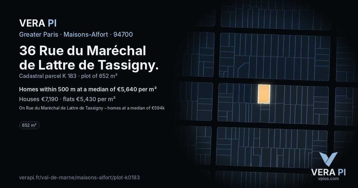 36 Rue du Maréchal de Lattre de Tassigny, Maisons-Alfort at night – the plot lit, the parcels around coloured by the prices near them