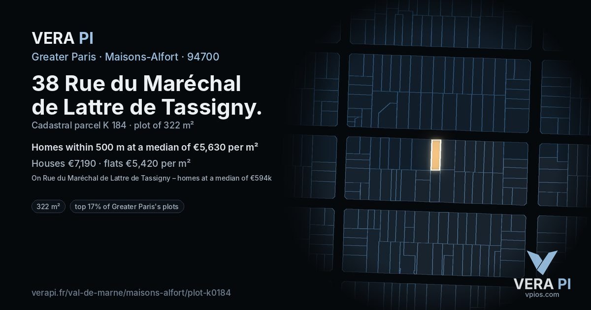 38 Rue du Maréchal de Lattre de Tassigny, Maisons-Alfort at night – the plot lit, the parcels around coloured by the prices near them