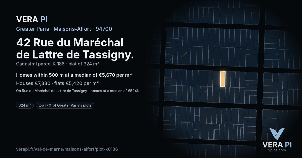 42 Rue du Maréchal de Lattre de Tassigny, Maisons-Alfort at night – the plot lit, the parcels around coloured by the prices near them