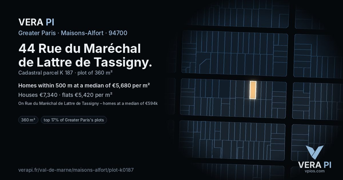 44 Rue du Maréchal de Lattre de Tassigny, Maisons-Alfort at night – the plot lit, the parcels around coloured by the prices near them