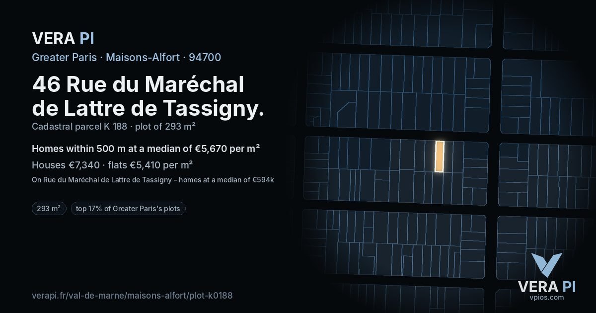 46 Rue du Maréchal de Lattre de Tassigny, Maisons-Alfort at night – the plot lit, the parcels around coloured by the prices near them