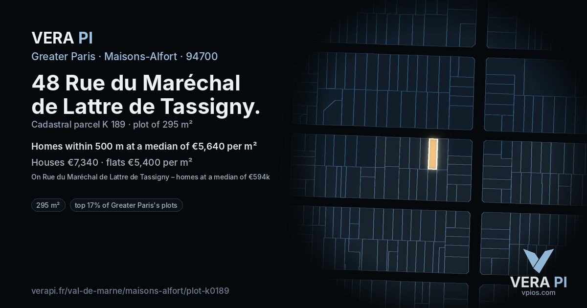 48 Rue du Maréchal de Lattre de Tassigny, Maisons-Alfort at night – the plot lit, the parcels around coloured by the prices near them
