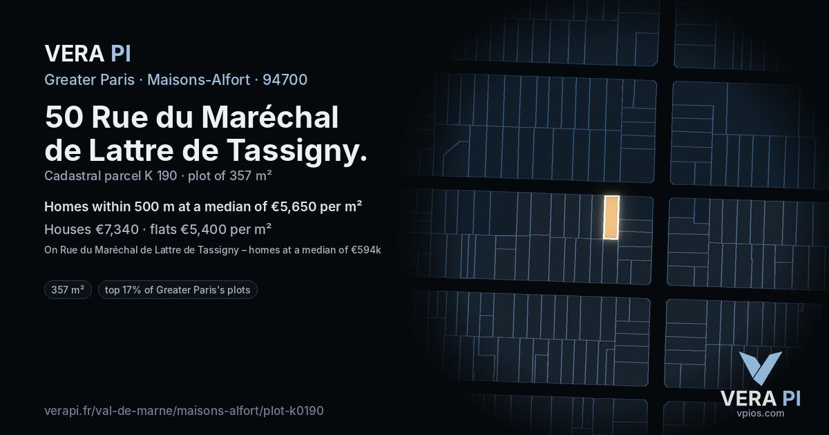 50 Rue du Maréchal de Lattre de Tassigny, Maisons-Alfort at night – the plot lit, the parcels around coloured by the prices near them