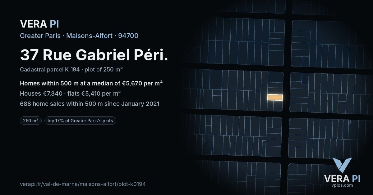 37 Rue Gabriel Péri, Maisons-Alfort at night – the plot lit, the parcels around coloured by the prices near them