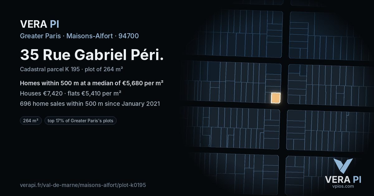 35 Rue Gabriel Péri, Maisons-Alfort at night – the plot lit, the parcels around coloured by the prices near them