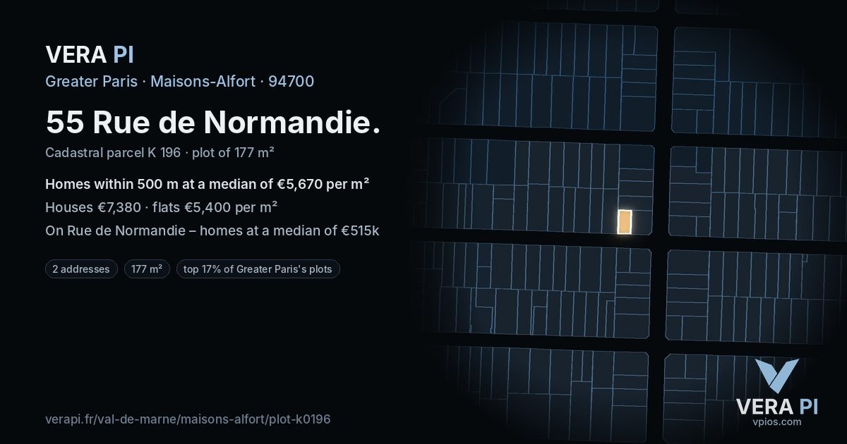 55 Rue de Normandie, Maisons-Alfort at night – the plot lit, the parcels around coloured by the prices near them